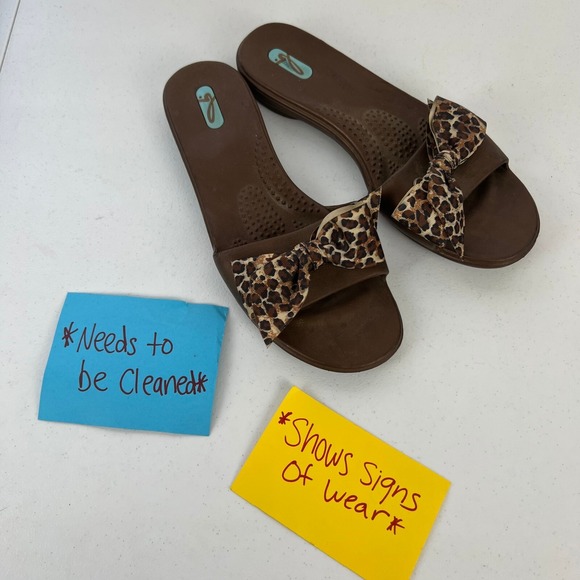 Oka Bee Slide Sandals Womens M/L Brown Slip On Leopard Bow Flat Heel Slip On - Picture 13 of 14